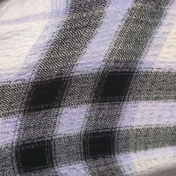 DEX* white black purple plaid crepe like long sleeve button front blouse tunic - Picture 11 of 13